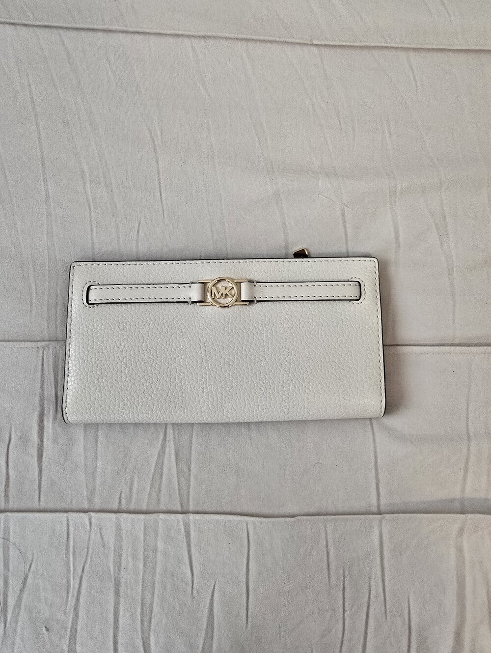 Michael Kors White Pebbled Leather Continental Wallet with Gold MK Accent